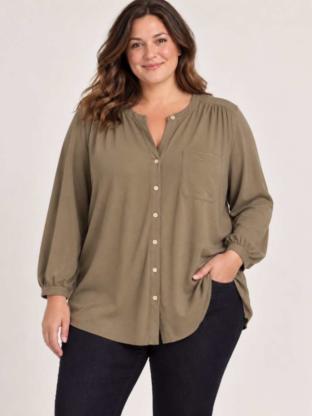 Lands’ End 3X 24W-26W Olive Taupe Button Front Tunic Shirt Modal Stretch Pocket